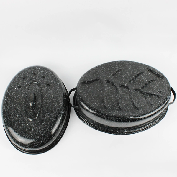 Black Speckled Enamel Oval Roaster 16" Covered Cookware Pan