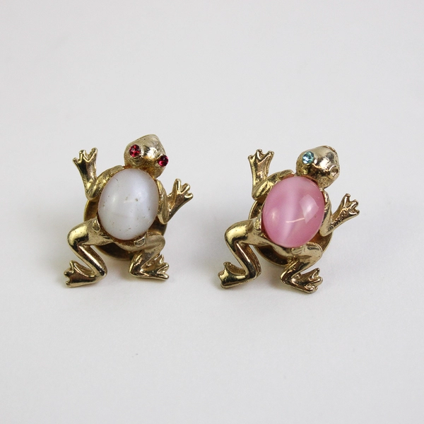 Lot of Gold Tone Cat's Eye Agate Frog Lapel Hat or Tie Pins