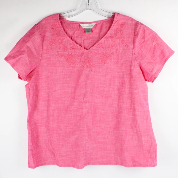 Christopher & Banks Pink Embroidered Flowers Short Sleeve Blouse Womens Size L