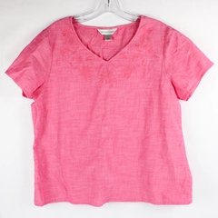 Christopher & Banks Pink Embroidered Flowers Short Sleeve Blouse Womens Size L