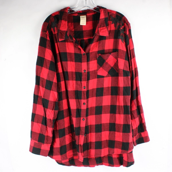 Faded Glory Red/Black Gingham Long Sleeve Button Up Flannel Women 3X (22W-24W)