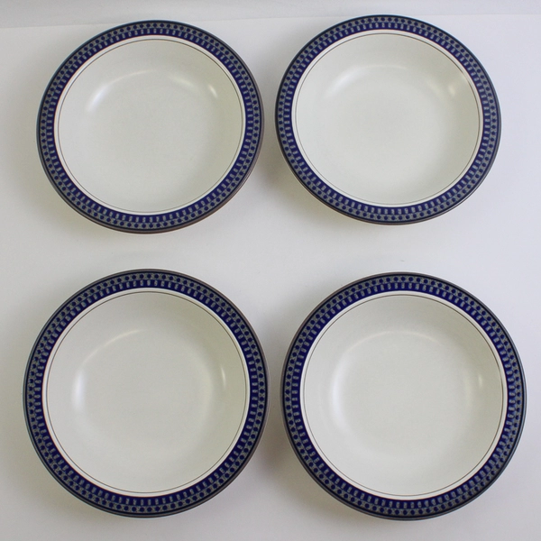 Lot Of 4 Mikasa Aztec Blue Pattern Ceramic Rim Soup Bowl 8.25" Diameter