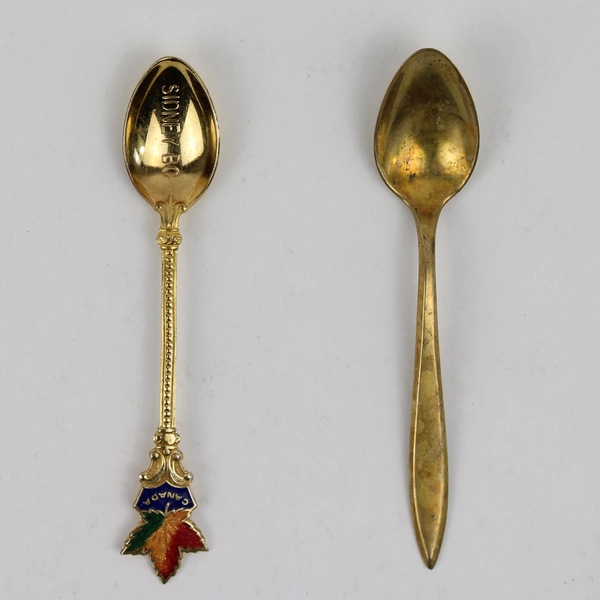 2 Gold Plated Spoons One Engraved Sidney BC Canada Maple Leaf and 1 Plain