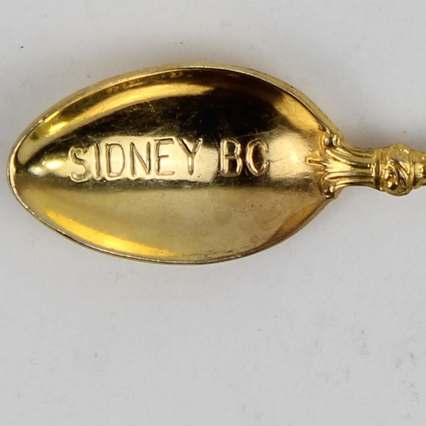 2 Gold Plated Spoons One Engraved Sidney BC Canada Maple Leaf and 1 Plain