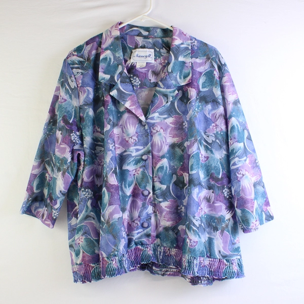 Nancy 2 Women's 24W Petite Purple Floral Blouse with Rouched Waist
