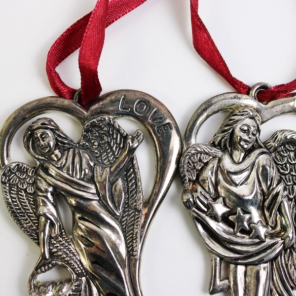 Set of 2 Gorham Love & Hope Angels Christmas Ornaments Silver Plated