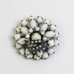 Vintage Milk Glass Brooch Pin Dome Japanned Finish 50s Mid-Century Black & White