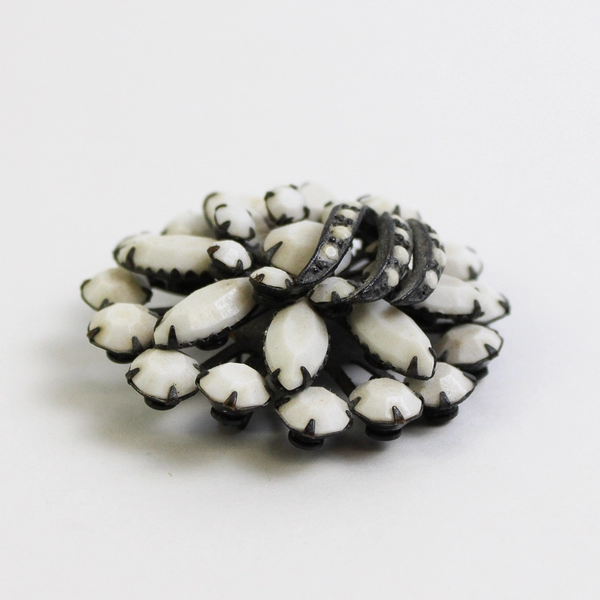 Vintage Milk Glass Brooch Pin Dome Japanned Finish 50s Mid-Century Black & White