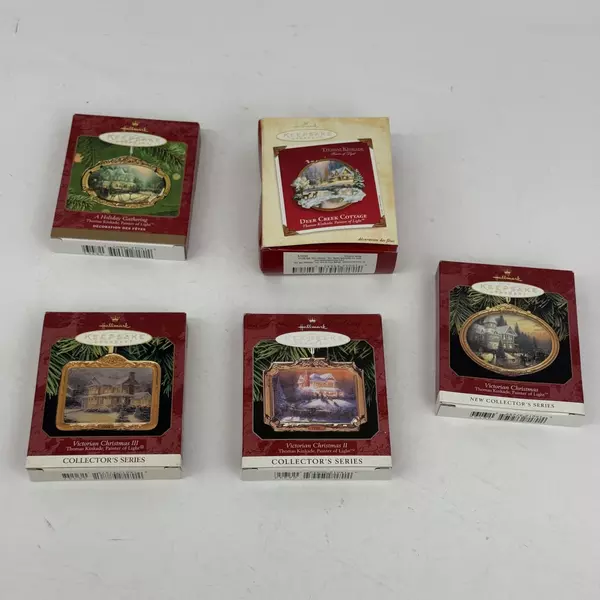 Lot of 5 Hallmark Thomas Kinkade Christmas Ornaments 1997-2002 w/ Boxes