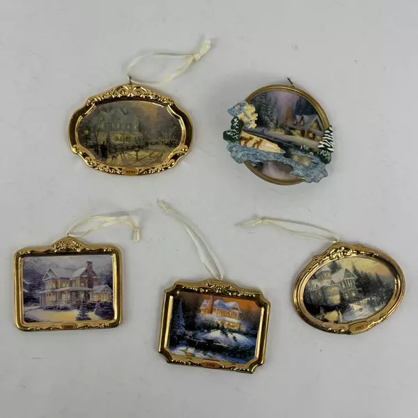 Lot of 5 Hallmark Thomas Kinkade Christmas Ornaments 1997-2002 w/ Boxes