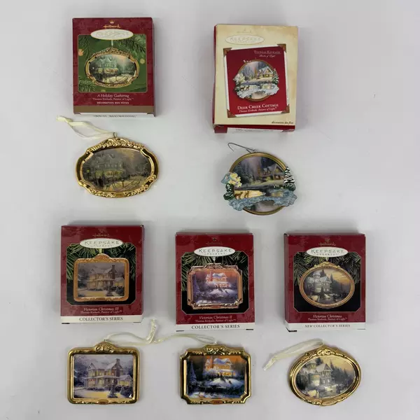 Lot of 5 Hallmark Thomas Kinkade Christmas Ornaments 1997-2002 w/ Boxes