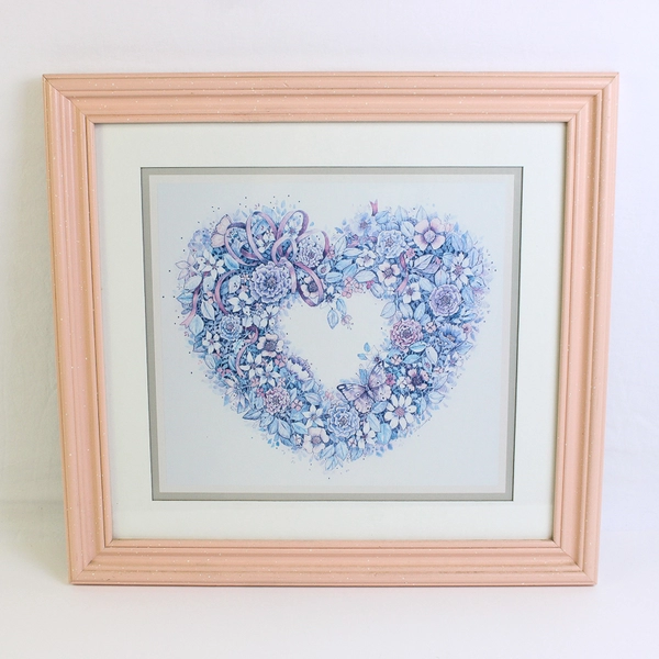 Large Pink Wood Framed and Matted Print Flowers in Heart-Shape