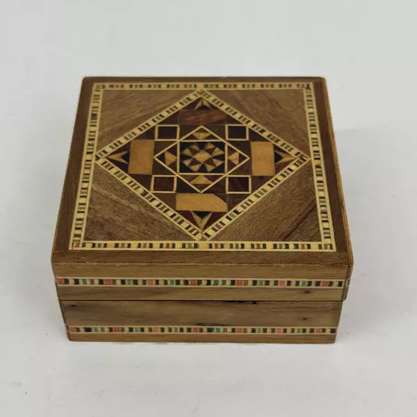 Vintage Inlaid Mosaic Wood Box 3" Trinket Box with Geometric Pattern and Trim