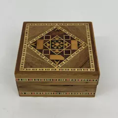 Vintage Inlaid Mosaic Wood Box 3" Trinket Box with Geometric Pattern and Trim