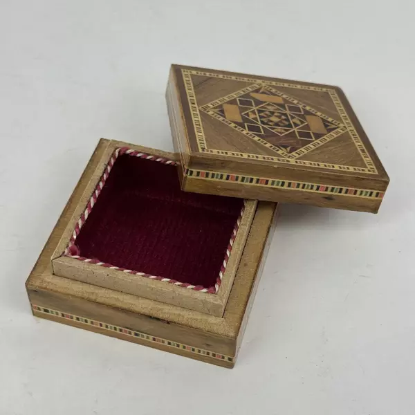 Vintage Inlaid Mosaic Wood Box 3" Trinket Box with Geometric Pattern and Trim