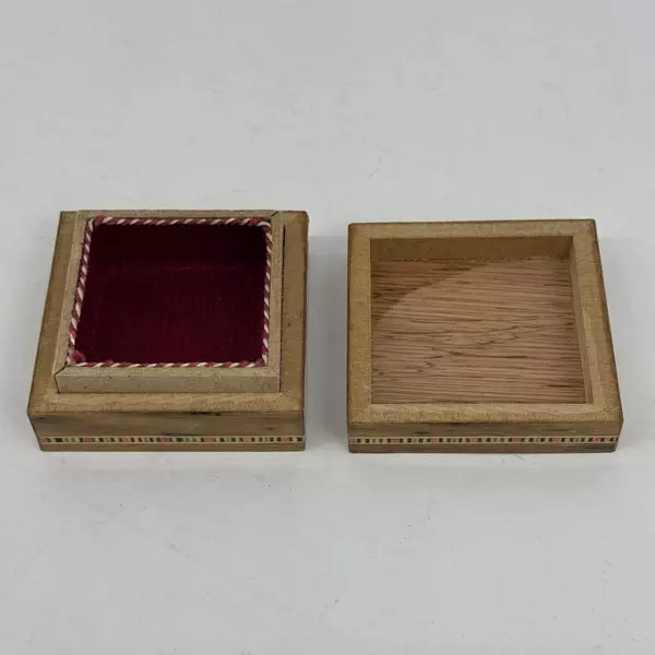 Vintage Inlaid Mosaic Wood Box 3" Trinket Box with Geometric Pattern and Trim