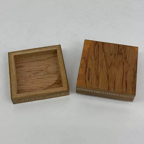 Vintage Inlaid Mosaic Wood Box 3" Trinket Box with Geometric Pattern and Trim