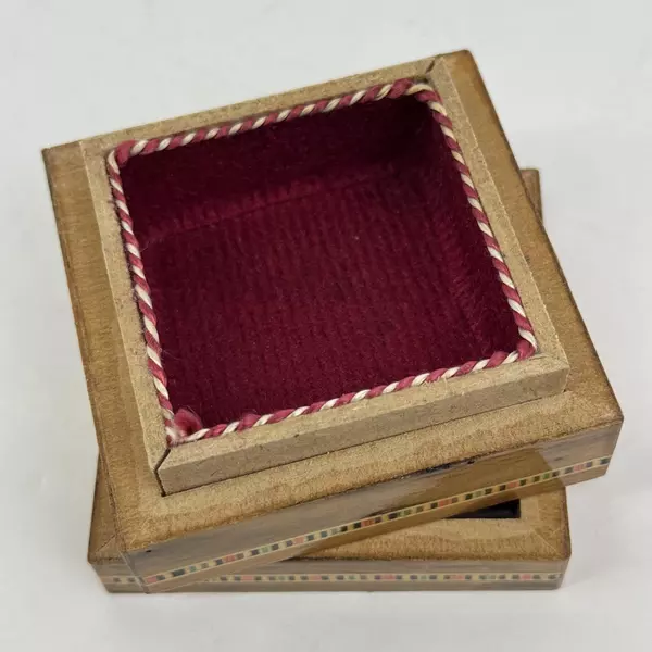 Vintage Inlaid Mosaic Wood Box 3" Trinket Box with Geometric Pattern and Trim