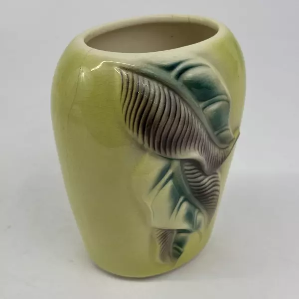 Vintage Royal Copley Yellow Ceramic Vase With Embossed Leaves