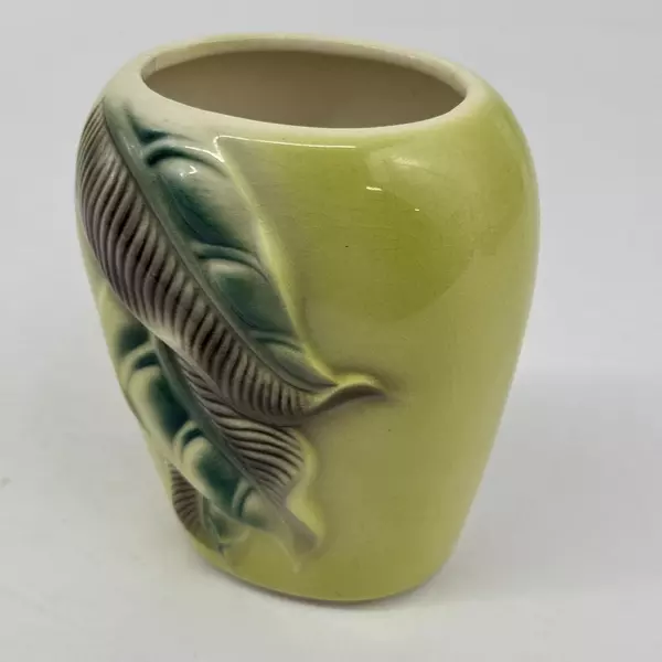 Vintage Royal Copley Yellow Ceramic Vase With Embossed Leaves