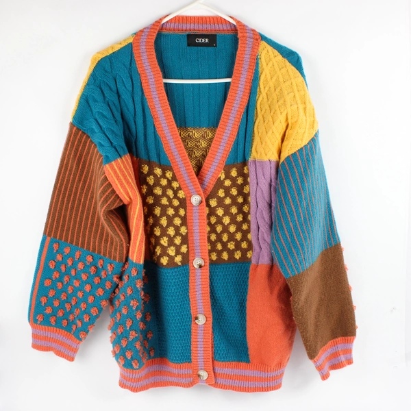 Cider Women's L Multicolor Patchwork Button Up Knit Sweater