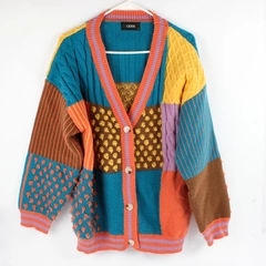 Cider Women's L Multicolor Patchwork Button Up Knit Sweater