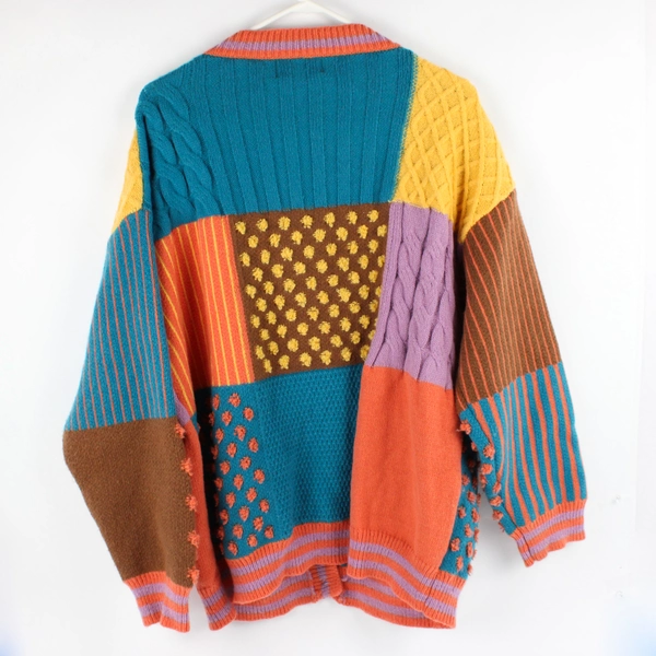 Cider Women's L Multicolor Patchwork Button Up Knit Sweater