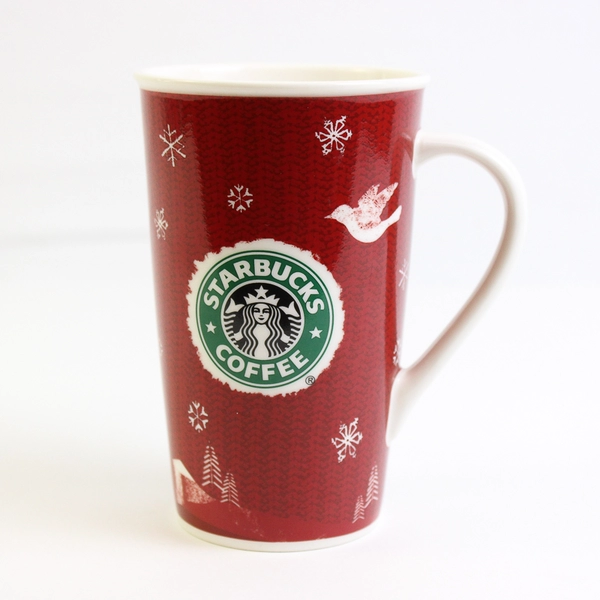 Starbucks 2008 Christmas Tall Mug 16 Fluid Oz Red W/White Christmas Designs