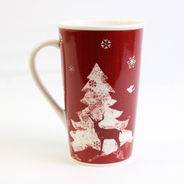 Starbucks 2008 Christmas Tall Mug 16 Fluid Oz Red W/White Christmas Designs