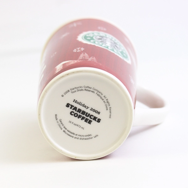 Starbucks 2008 Christmas Tall Mug 16 Fluid Oz Red W/White Christmas Designs