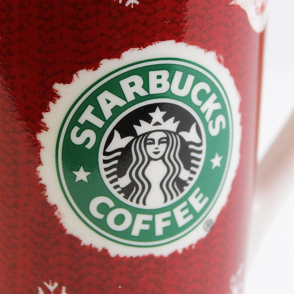 Starbucks 2008 Christmas Tall Mug 16 Fluid Oz Red W/White Christmas Designs