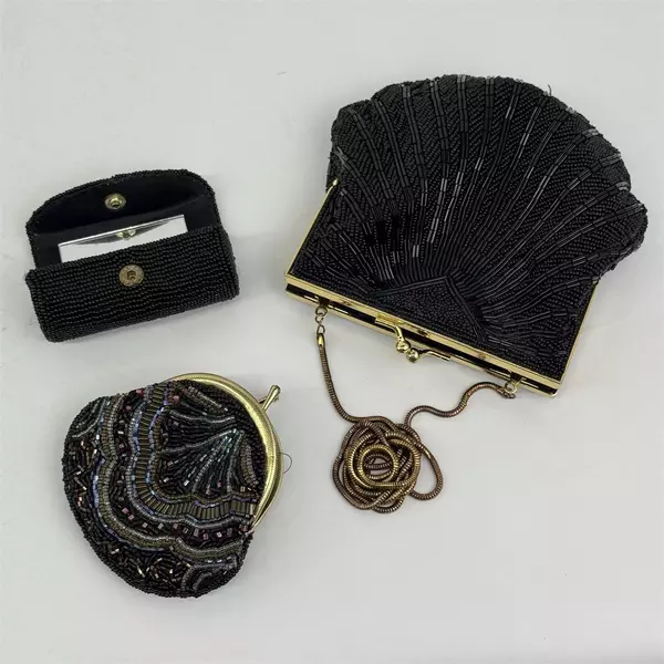 Three Piece Black Beaded Purse, Coin Purse, And Matching Lipstick Cover