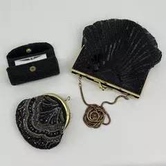 Three Piece Black Beaded Purse, Coin Purse, And Matching Lipstick Cover