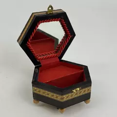 Vintage Hexagon Marquetry Lacquered Mosaic Wood Inlay Jewelry Box with Mirror