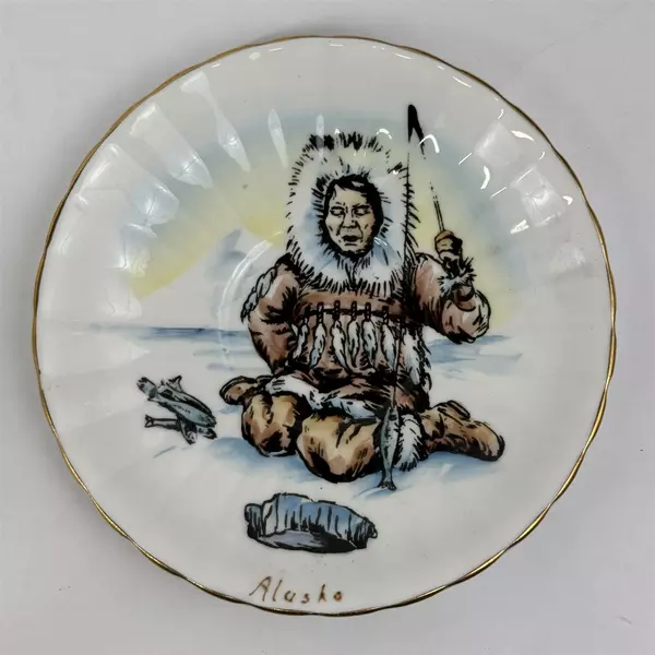 Clarence Bone China Alaska Souvenir Plate Eskimo Fishing 5.5 Inch