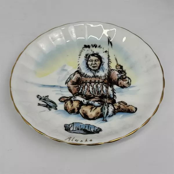 Clarence Bone China Alaska Souvenir Plate Eskimo Fishing 5.5 Inch