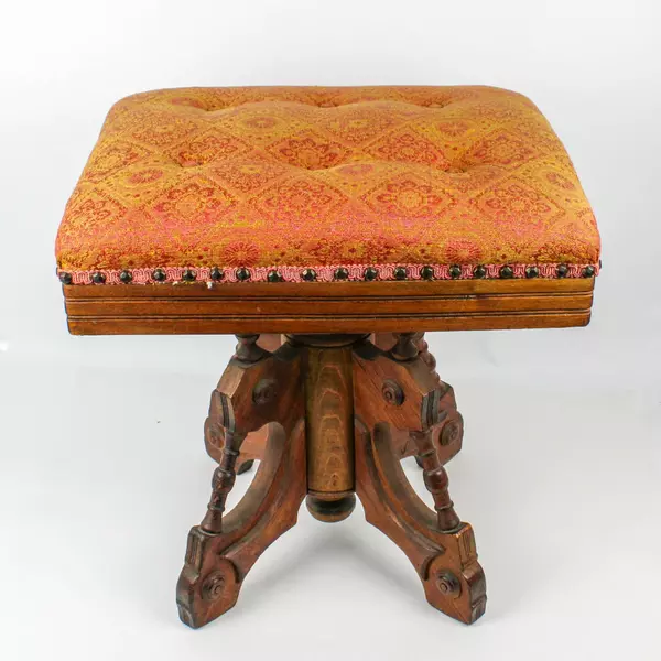 Vintage Upholstered Red and Gold Carved Wood Victorian Revolving Piano Stool