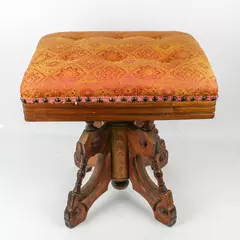 Vintage Upholstered Red and Gold Carved Wood Victorian Revolving Piano Stool