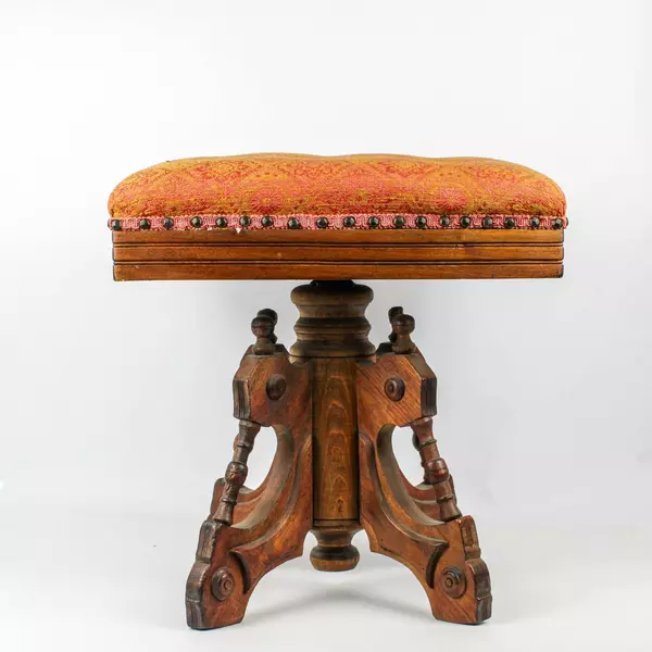 Vintage Upholstered Red and Gold Carved Wood Victorian Revolving Piano Stool
