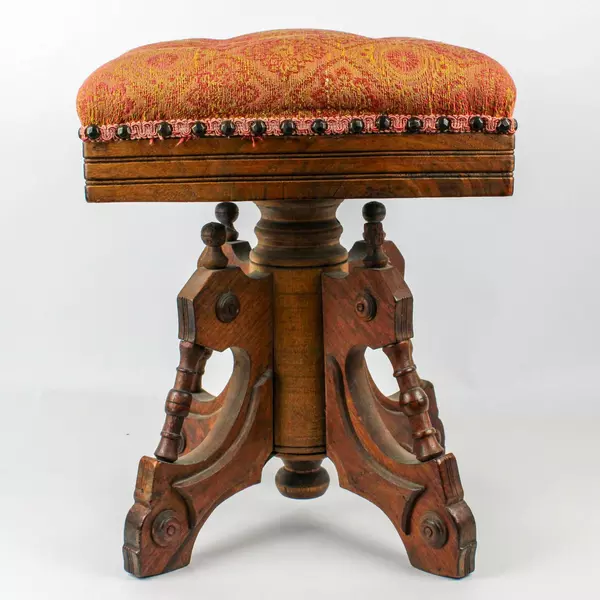 Vintage Upholstered Red and Gold Carved Wood Victorian Revolving Piano Stool
