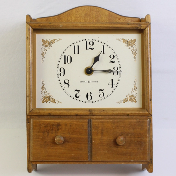 Vintage Wood GE Electric Wall Clock Model 2082A With Shelf And Drawer Works