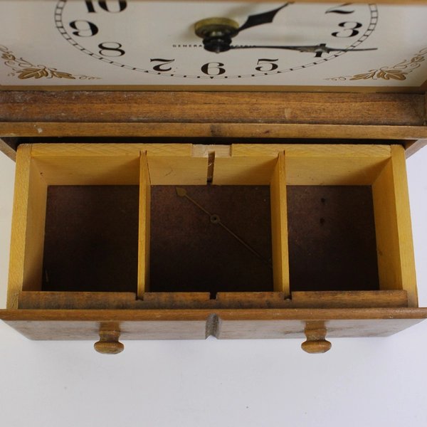 Vintage Wood GE Electric Wall Clock Model 2082A With Shelf And Drawer Works