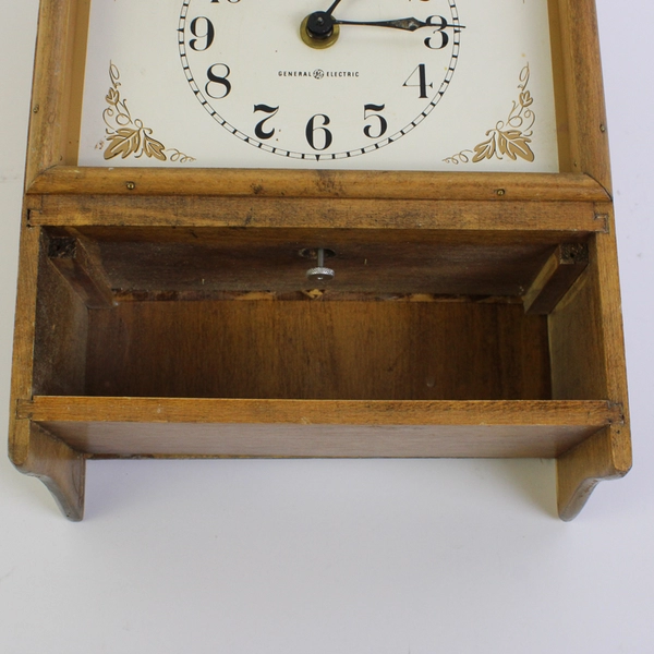 Vintage Wood GE Electric Wall Clock Model 2082A With Shelf And Drawer Works