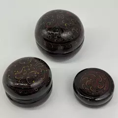 Set of 3 Vintage Hand Painted Floral Black Lacquer Round Nesting Trinket Boxes