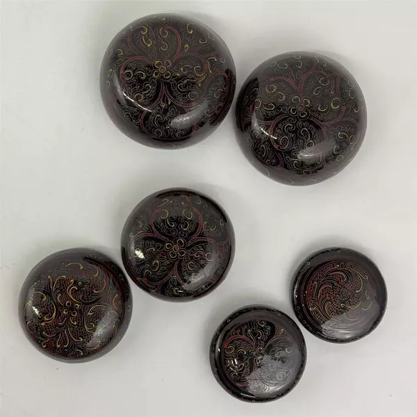 Set of 3 Vintage Hand Painted Floral Black Lacquer Round Nesting Trinket Boxes