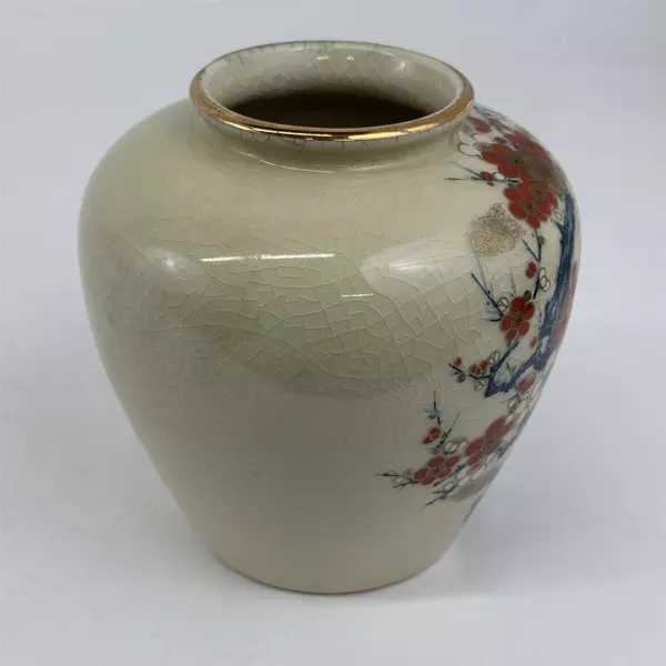 Kyoeigama Japan Ceramic Vase Hand Painted Cherry Blossom Crackle Glaze 5.75"