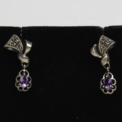 925 Marked Sterling Silver Earrings Tiny Crystals Floral With Amethyst Centers