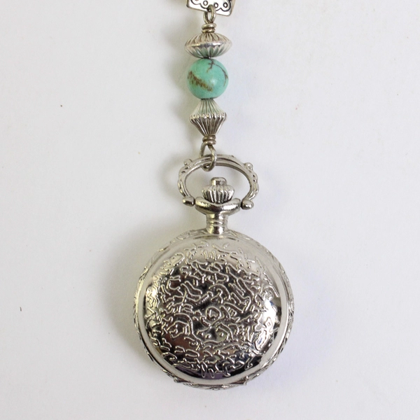Carolyn Pollack Sterling Silver Turquoise Pendant Watch Necklace 26" Adjustable