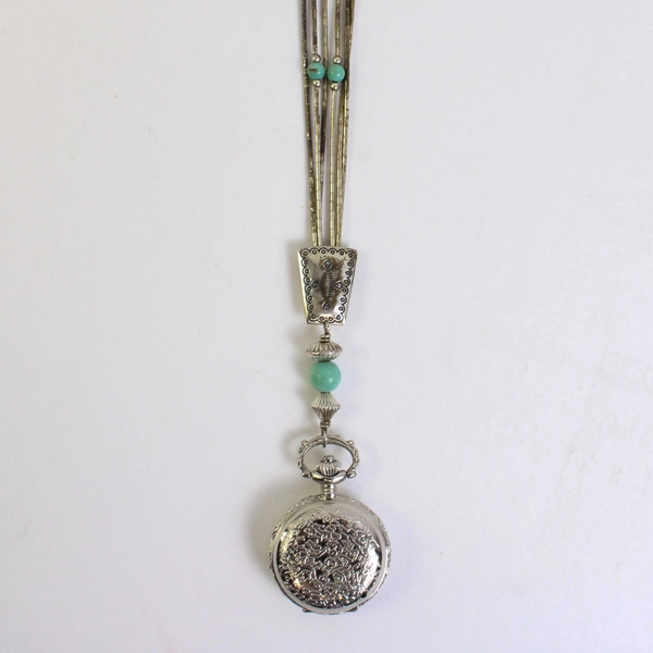 Carolyn Pollack Sterling Silver Turquoise Pendant Watch Necklace 26" Adjustable