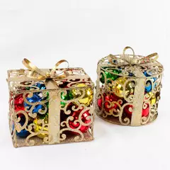 Lot of 2 Christmas Decorative Scroll Work Boxes with Ornamental Bulbs 